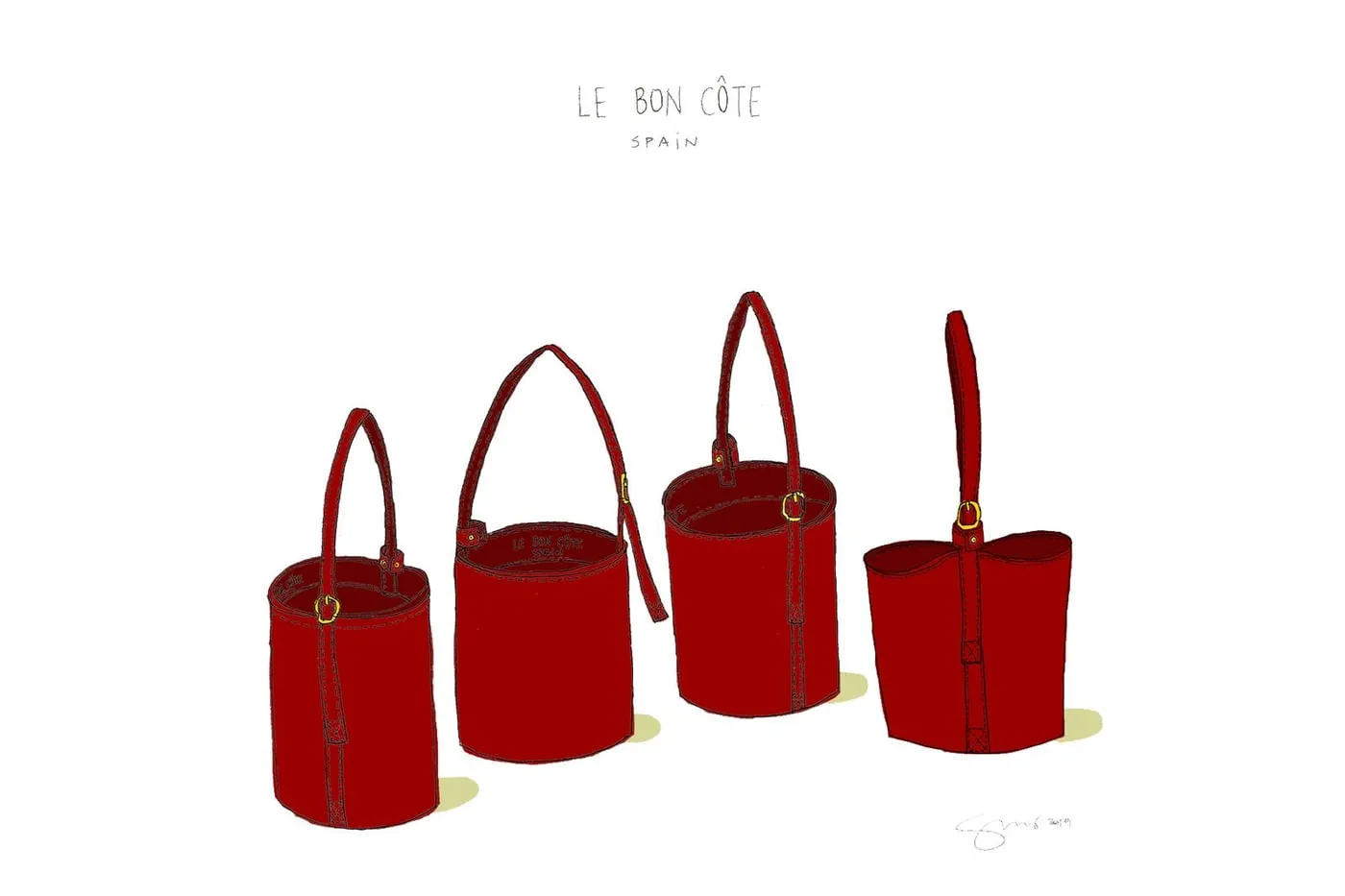 Boceto a mano de cuatro bolsos de piel roja, del cuaderno de su creadora